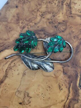 Vintage Retro Sterling, Glass & Rhinestone Spray Floral Brooch